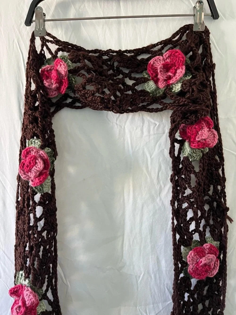 Handmade Vintage Whimsical Brown Knitted Floral Neck Scarf With Fringe